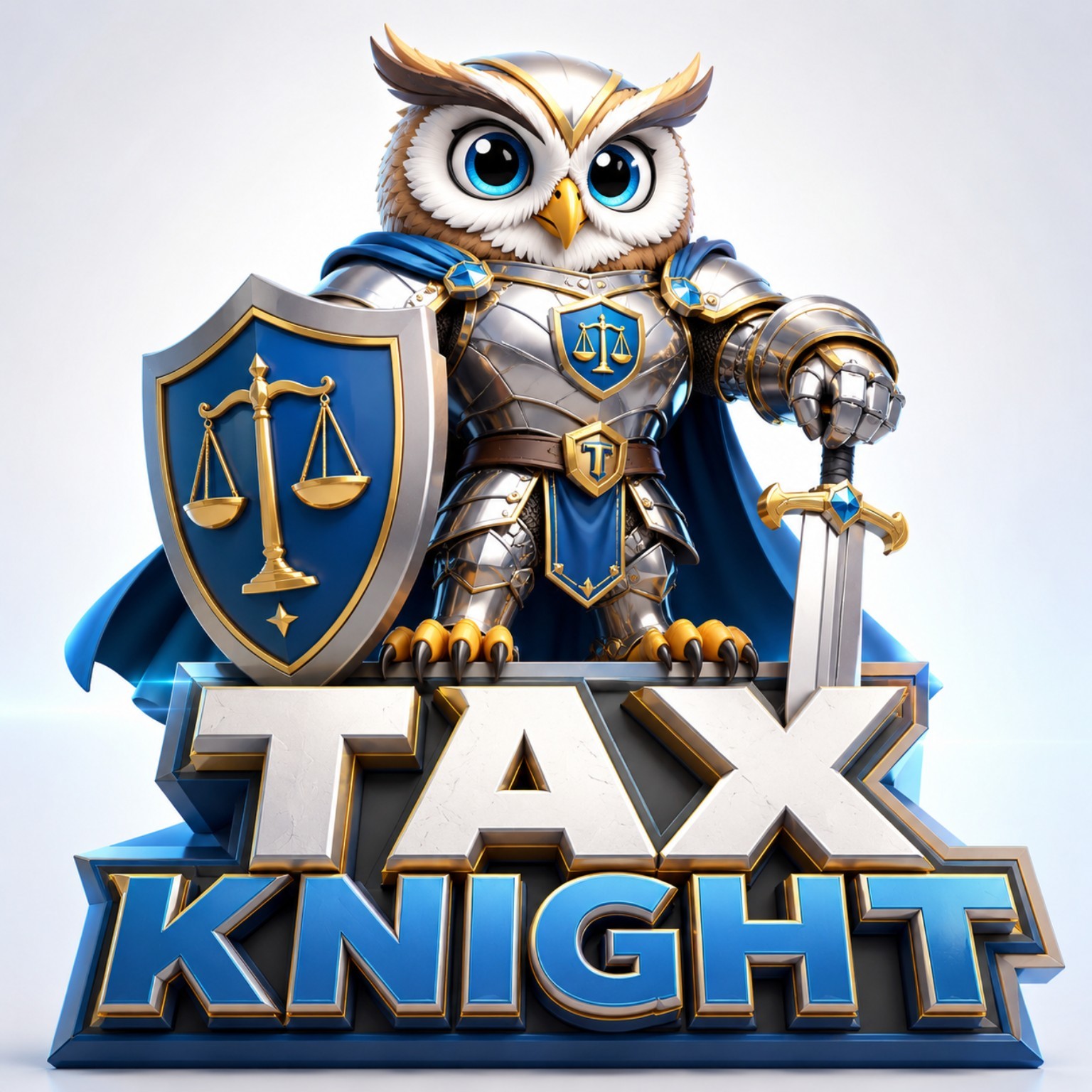 Official Tax Knight armored owl in royal-blue cape carrying sword and scales shield
